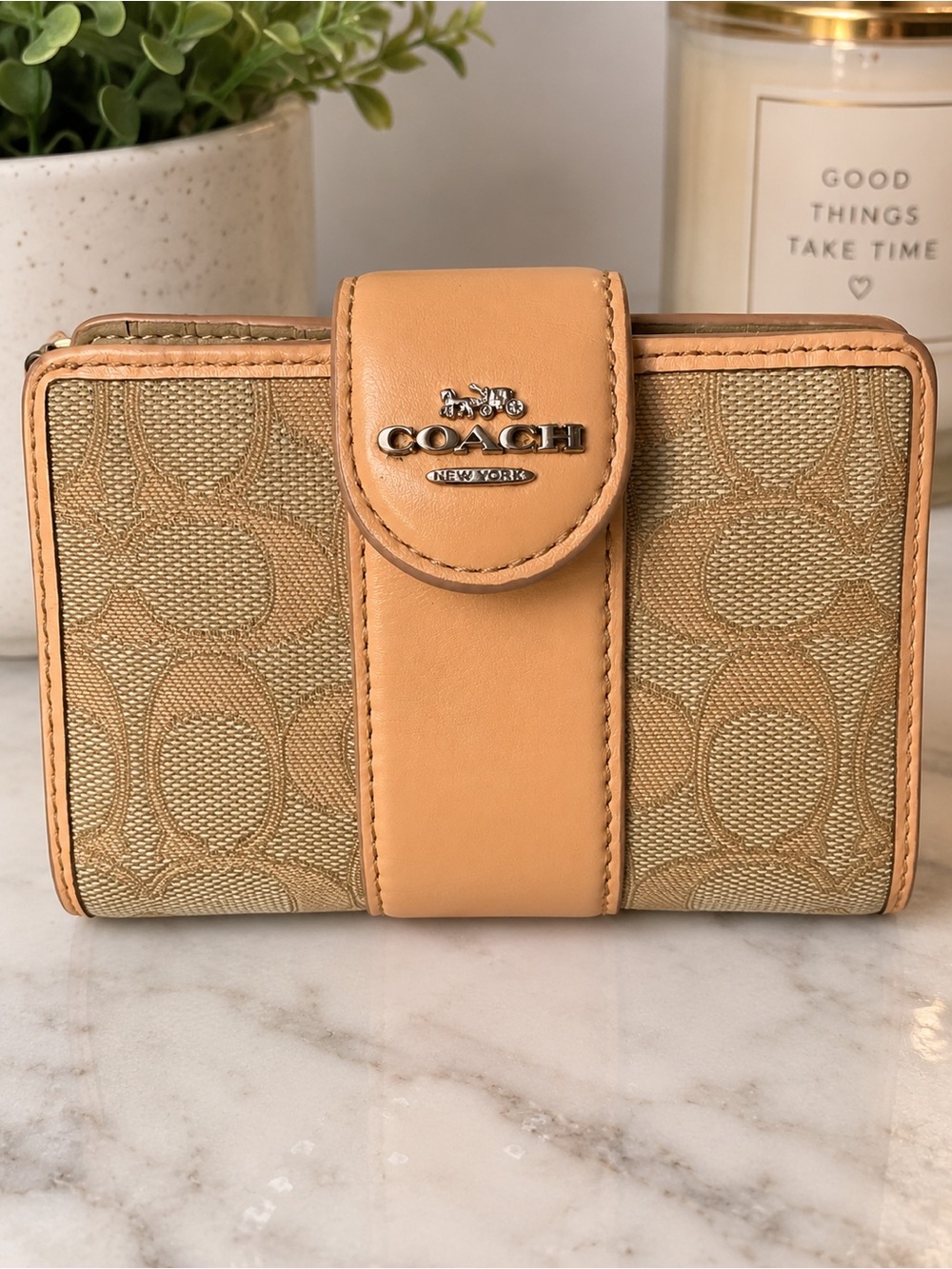 Coach Compact Signature Wallet in Tan and Camel